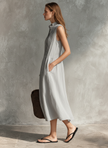 Women's casual grey cotton-linen sleeveless midi dress by FJØRNA with a round neckline, perfect for relaxed summer wear.