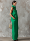 FJØRNA linen-blend sleeveless jumpsuit for women with stand collar, single-breasted design, loose fit, and pants style.