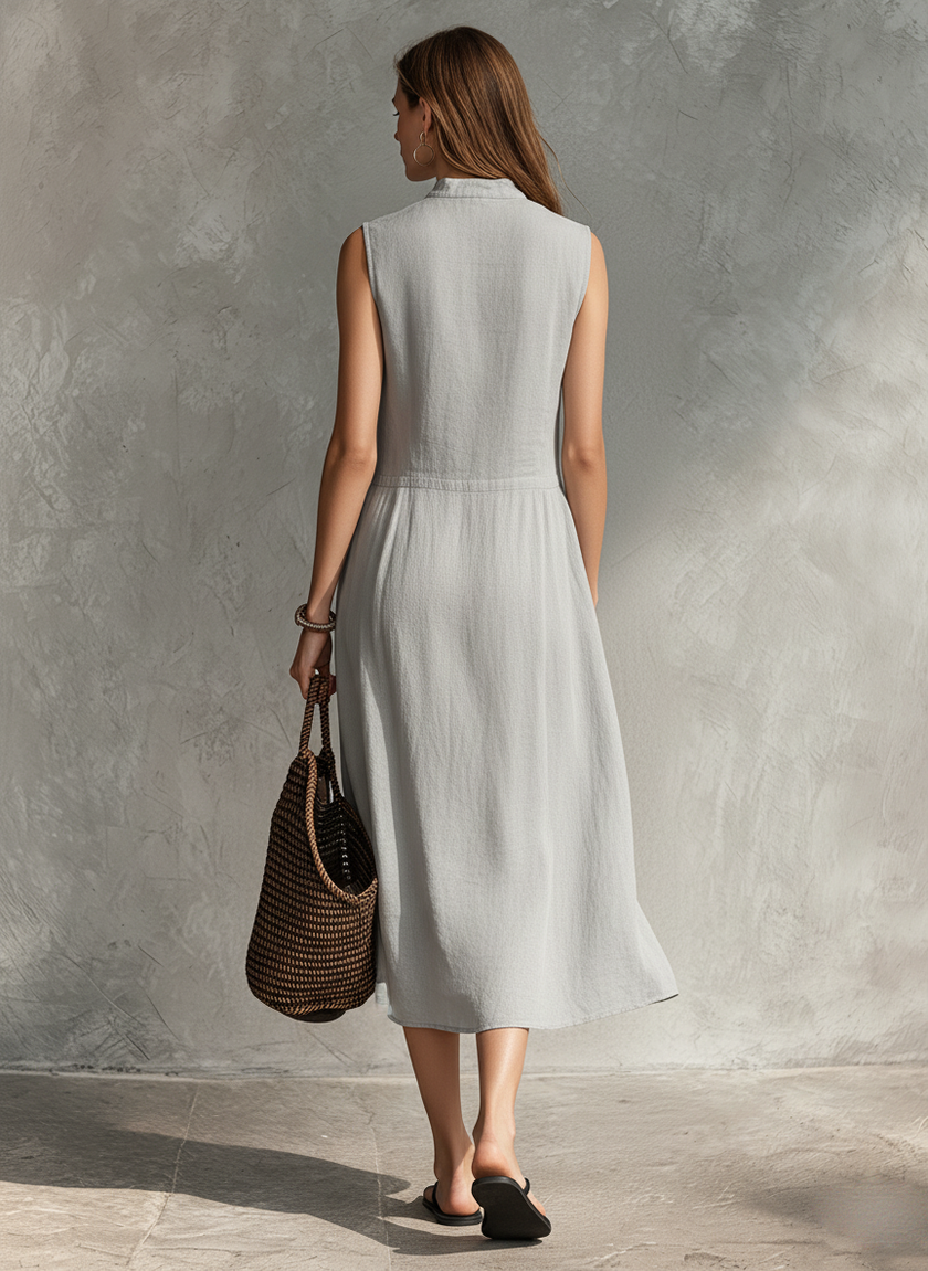 Women's grey cotton-linen sleeveless midi dress by FJØRNA with a round neckline, casual style, and relaxed fit.