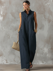 FJØRNA women’s linen-blend sleeveless jumpsuit with stand collar, single-breasted, loose-fit pants, casual and stylish.