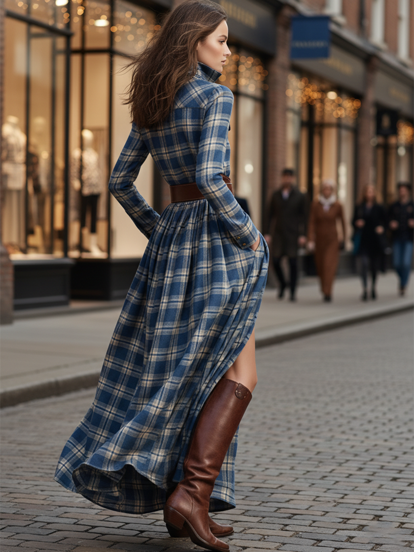 Brown FJØRNA maxi dress with a flowing silhouette and casual style, shown on a model with a relaxed fit and lightweight fabric.
