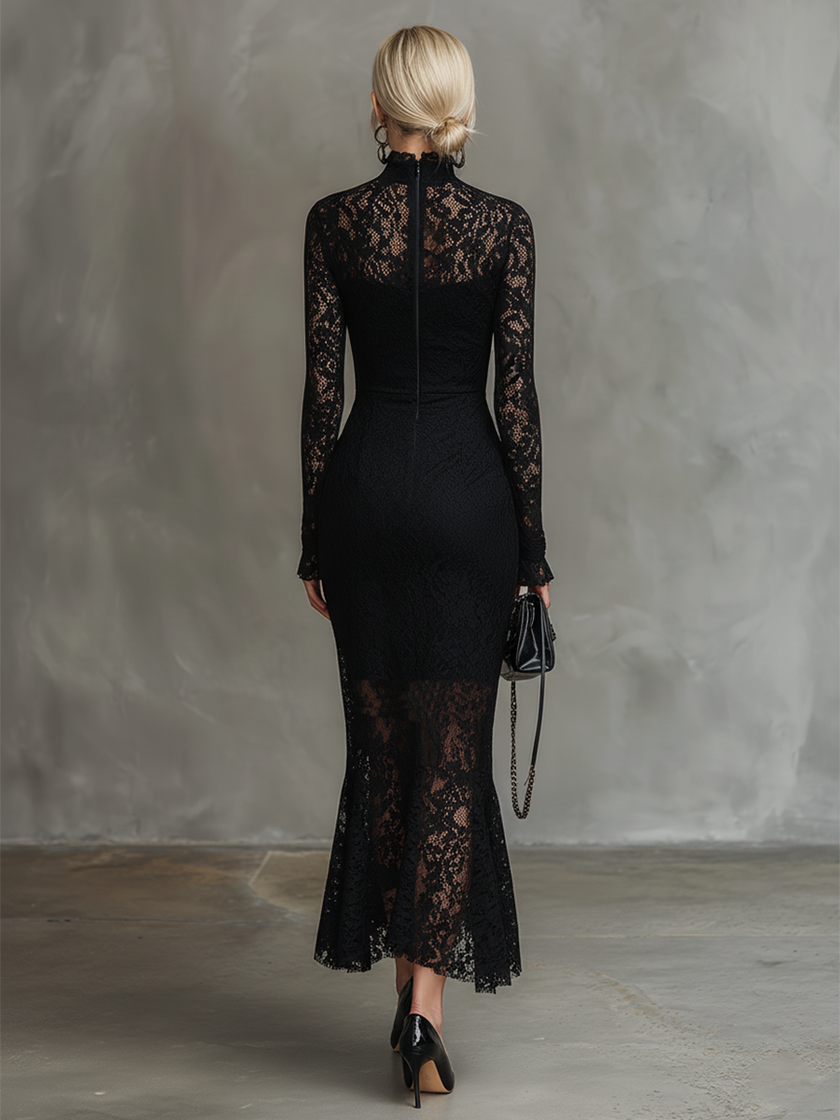 Black Lace Fishtail Maxi Dress | Evening Dress