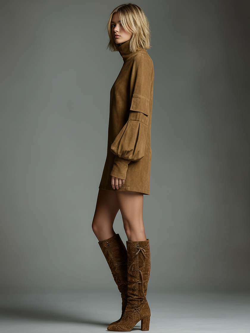 Suede Turtleneck Mini Dress Womens For Women