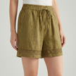 Ginger yellow FJØRNA women's elegant mini dress with drawstring linen fabric, perfect for casual and summer wear.