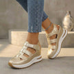 FJØRNA gold orthopedic platform sandal with cutout design and closed-toe, stylish and supportive footwear for comfort and fashion.