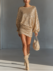 Gold sequin mini dress by FJØRNA, elegant evening dress with shimmering sequins, fitted silhouette, and sleeveless design.