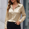 FJØRNA women's summer blouse with V-neck, long sleeves, and button front in a gold color, stylish and lightweight top for warm weather.
