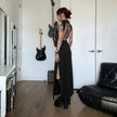 FJØRNA Goth Rose women's maxi dress in black with floral gothic design, perfect for summer and special occasions.
