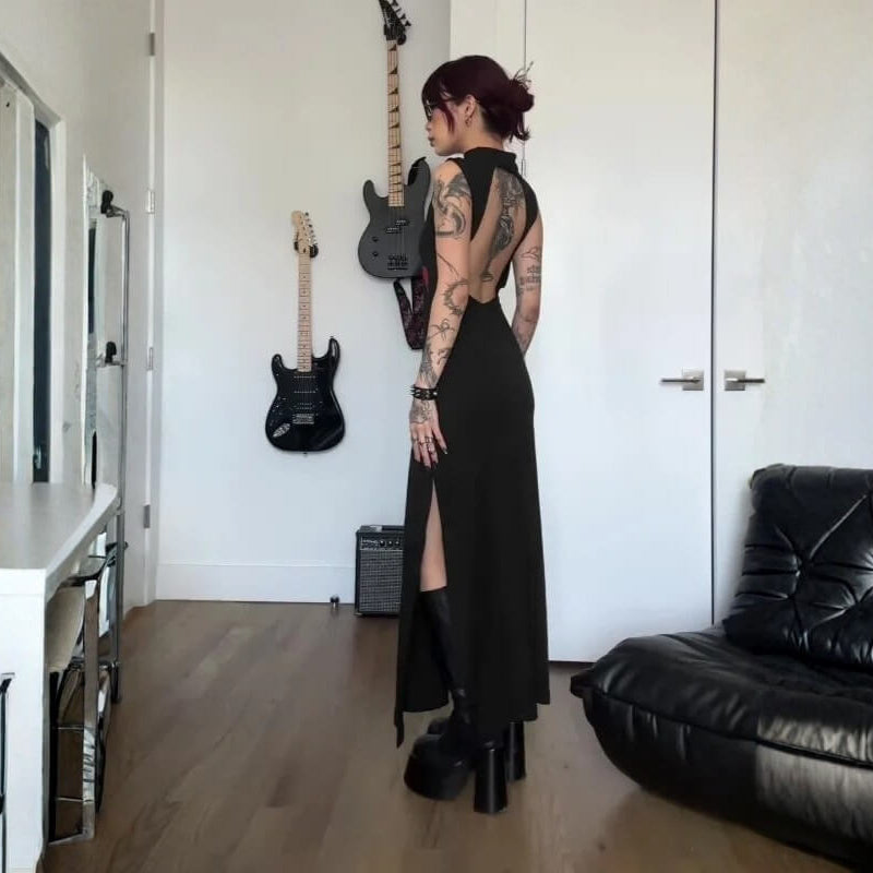 FJØRNA Goth Rose women's maxi dress in black with floral gothic design, perfect for summer and special occasions.