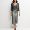 Gray FJØRNA relaxed v-neck knit top and satin maxi skirt set, showcasing a stylish casual 2-piece outfit.