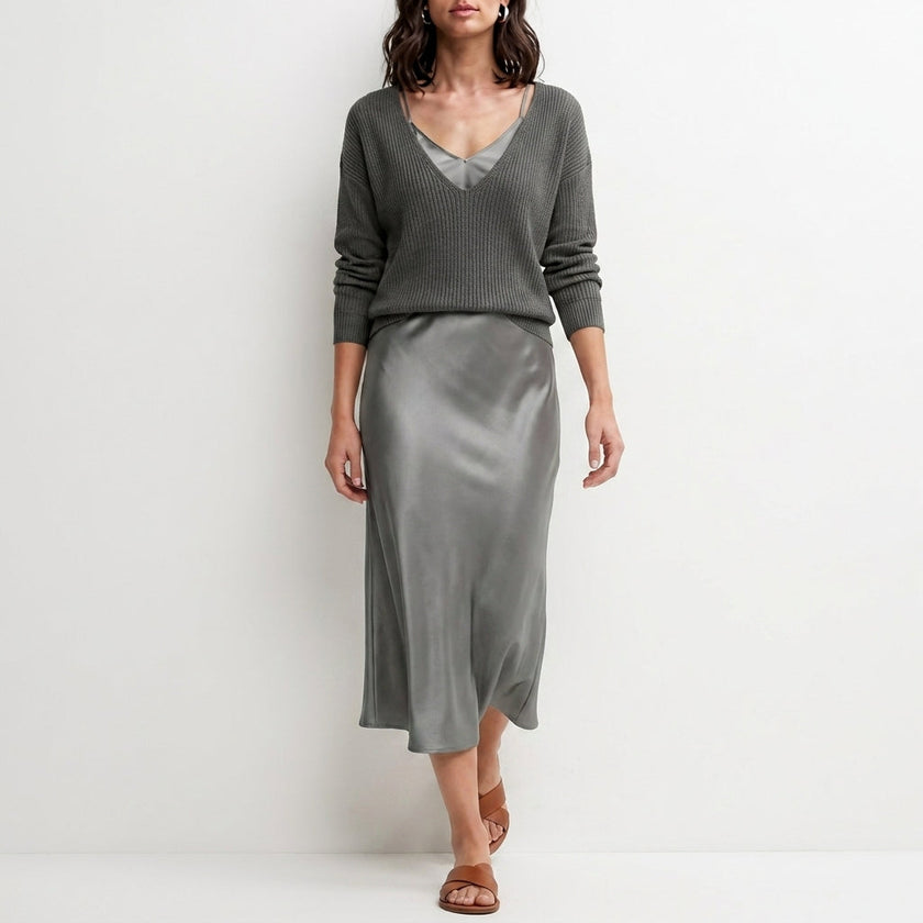 Gray FJØRNA relaxed v-neck knit top and satin maxi skirt set, showcasing a stylish casual 2-piece outfit.