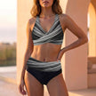 Gray fitted striped wrap front bikini set for women by FJØRNA, featuring a stylish design and comfortable fit.