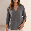 Gray women's summer blouse by FJØRNA featuring a V-neck, linen fabric, lightweight casual top for warm weather.