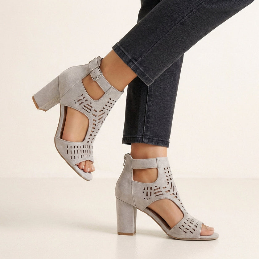 Gray FJØRNA women's orthopedic heeled sandals with adjustable strap and buckle for comfortable support and stylish wear.