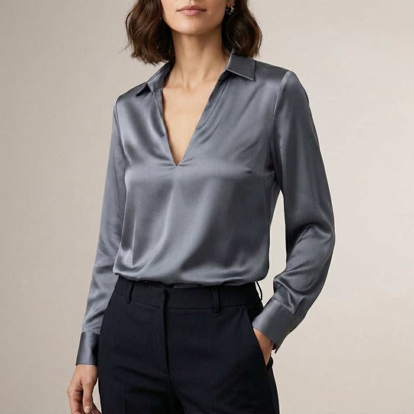 Gray women's satin summer blouse with V-neck, long sleeves, and high waist from FJØRNA, stylish and elegant top for warm weather.