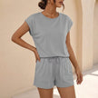 Gray women's summer two-piece co-ord set with pockets, casual and stylish, by FJØRNA.