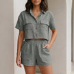 Gray FJØRNA button front pocket shirt and shorts lounge set, 2-piece set with relaxed fit, perfect for casual or lounge wear.