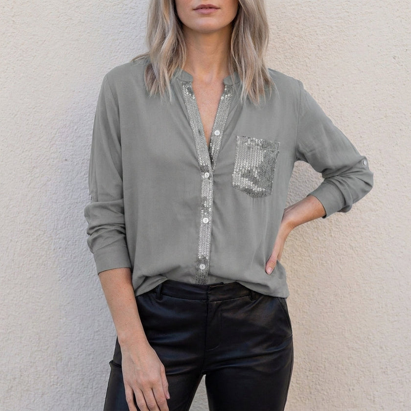 Gray women's summer blouse by FJØRNA with V-neck and button-front denim design, featuring a relaxed fit and casual style.