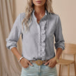 Gray long sleeve denim summer blouse for women by FJØRNA, featuring a relaxed fit and stylish design.