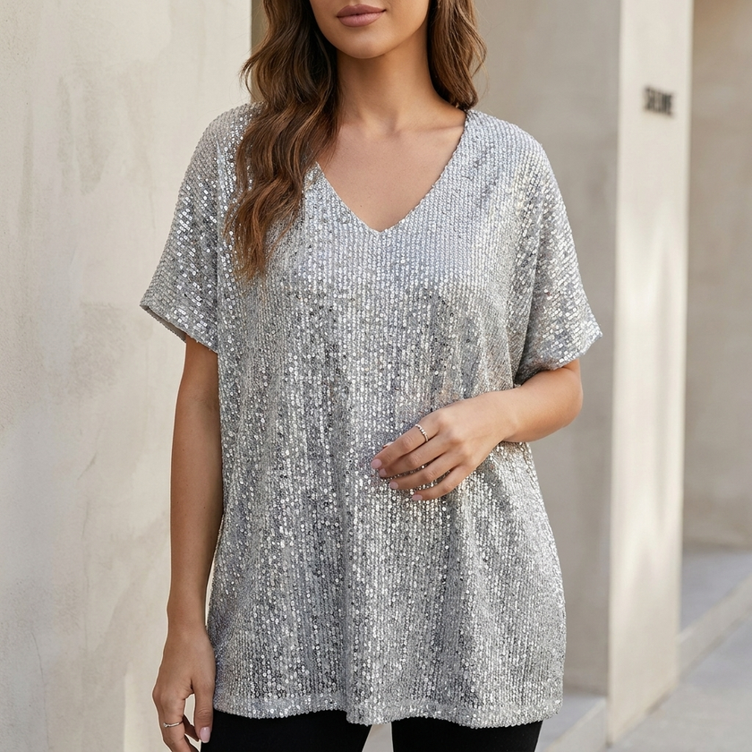 Gray FJØRNA women's sequined V-neck top with draped short sleeves, perfect for evening or special occasions.