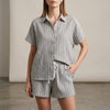 Gray textured vertical stripe relaxed two-piece shirt and drawstring shorts set by FJØRNA, casual and comfortable summer outfit.