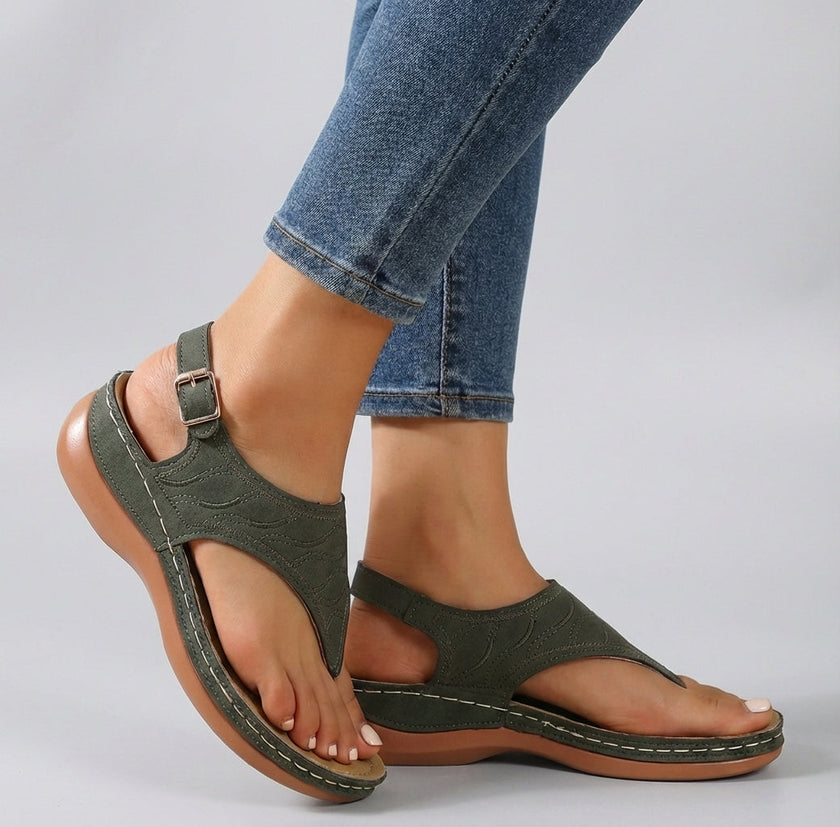 Green FJØRNA orthopedic embroidered wedge heel sandals with ankle strap and open toe, stylish and supportive footwear for women.
