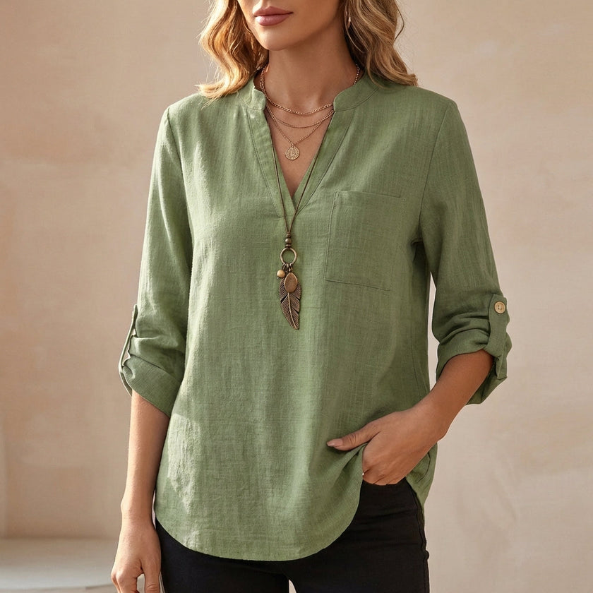Green FJØRNA summer v-neck linen blouse for women, flowy and lightweight top perfect for warm weather.