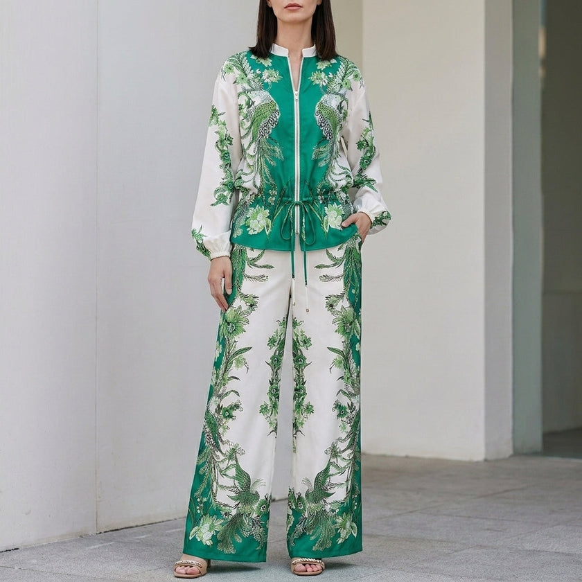 FJØRNA botanical zip-front top and wide-leg pants set in vibrant green, featuring a stylish 2-piece ensemble with floral print.