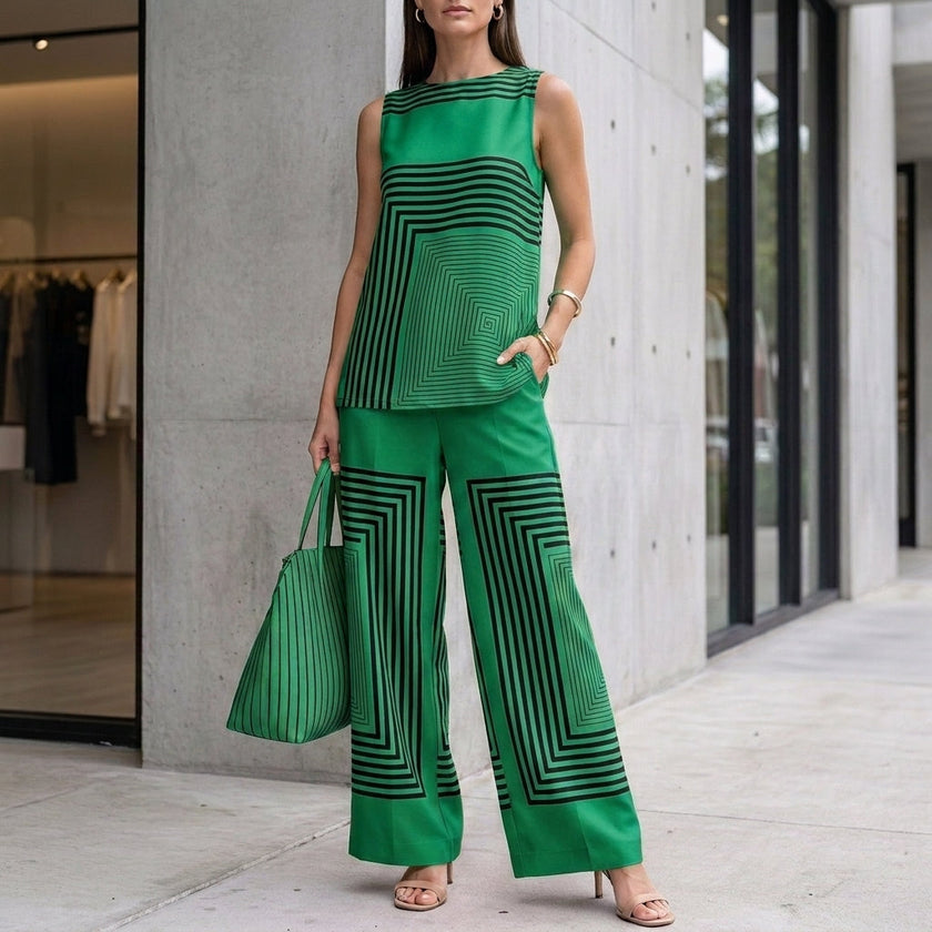 FJØRNA green sleeveless top with asymmetrical hem paired with wide-leg pants, stylish 2-piece set for casual or chic wear.