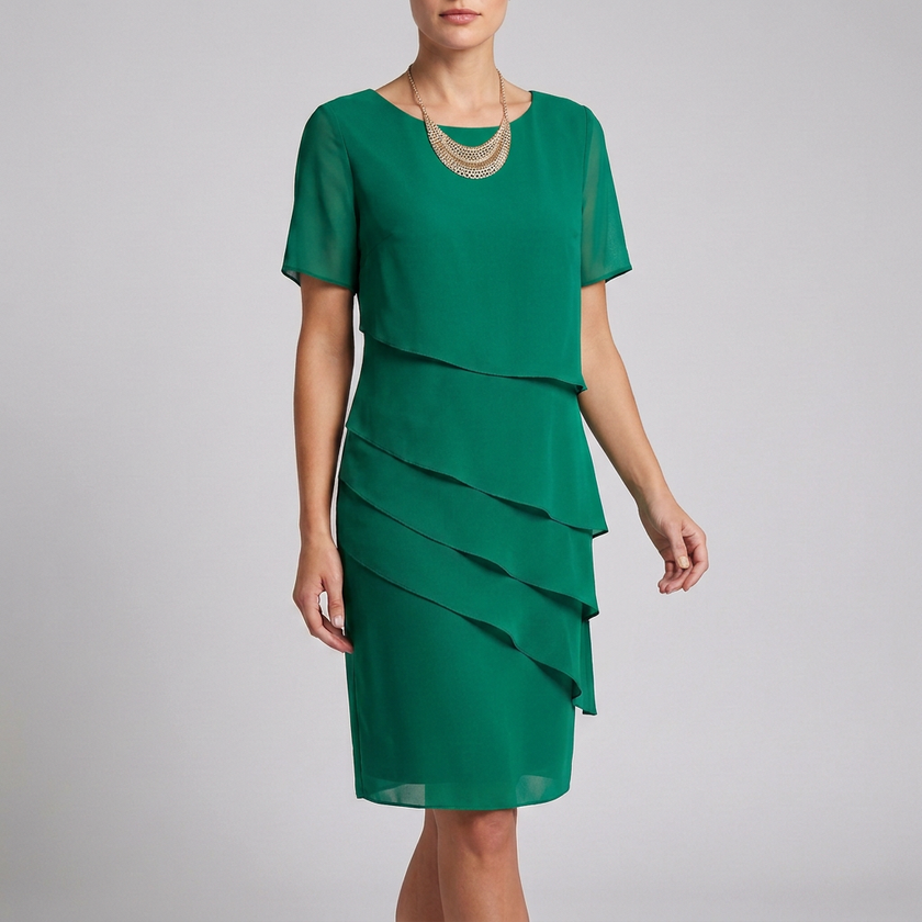 Green FJØRNA flowing tiered mini dress with ruffled sheer sleeves, lightweight and elegant for casual or semi-formal occasions.