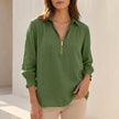 Green V-neck long sleeve linen summer blouse for women by FJØRNA, stylish top perfect for warm weather.