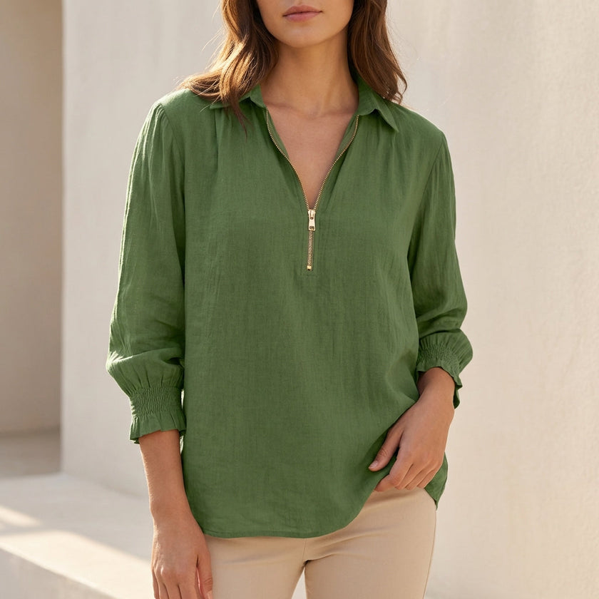 Green V-neck long sleeve linen summer blouse for women by FJØRNA, stylish top perfect for warm weather.