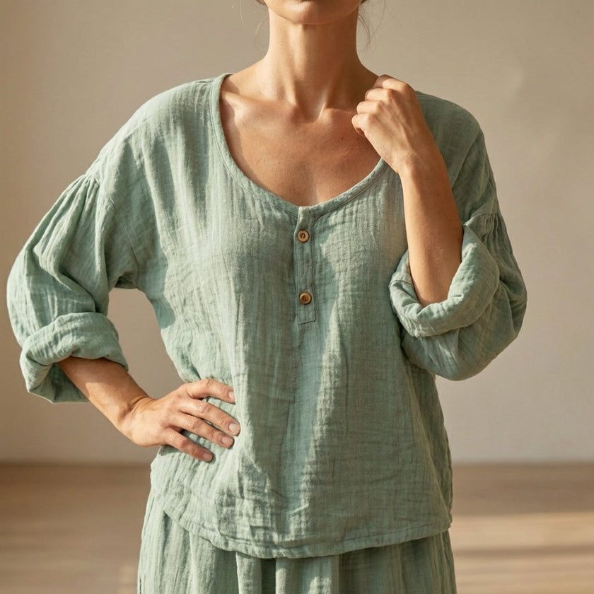 Green FJØRNA women's summer blouse with V-neck, linen fabric, flowy and breathable for warm weather, stylish top for women.