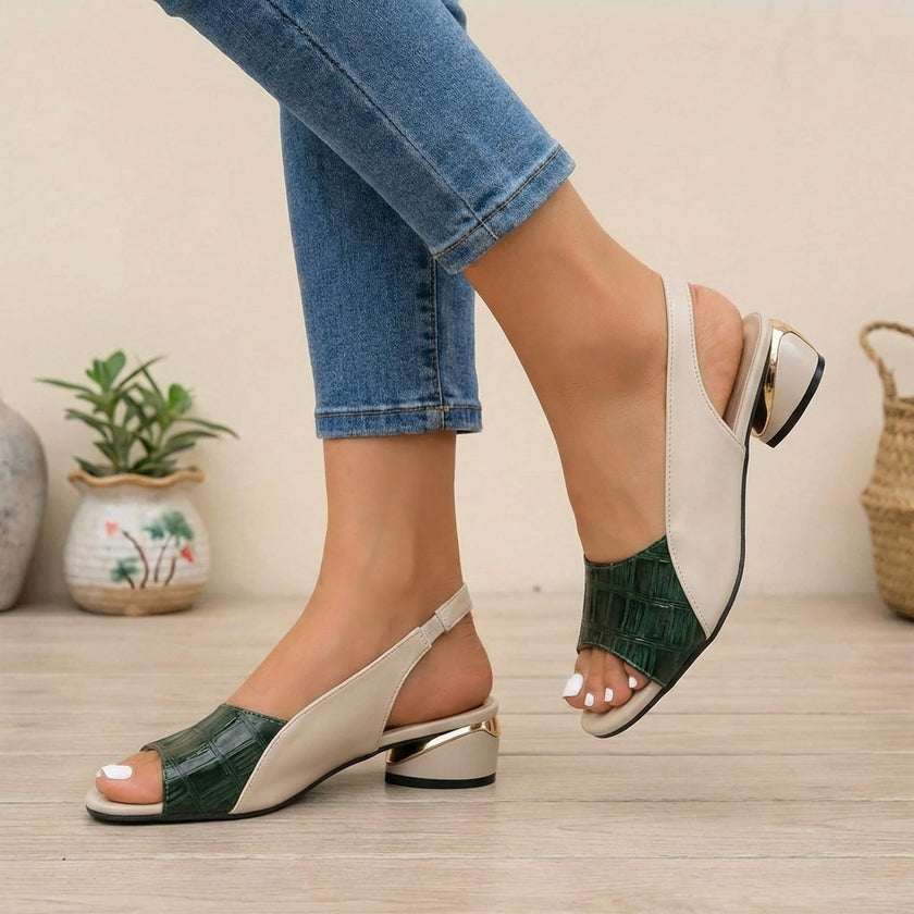 Green FJØRNA textured slingback block heel sandals with open toe and gold accent detail.