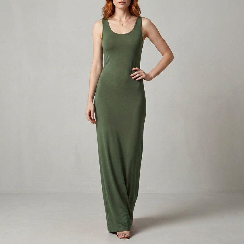 Green Valentina Rossi sleeveless scoop neck maxi dress by FJØRNA with a body-skimming silhouette, flowing down to ankle length.