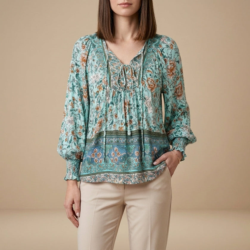 Green floral long sleeve linen summer blouse for women by FJØRNA, stylish and breathable top perfect for warm weather.