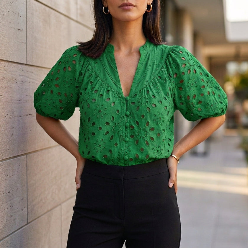 Green V-neck linen blouse for women by FJØRNA, casual button-front summer top with relaxed fit and lightweight fabric.