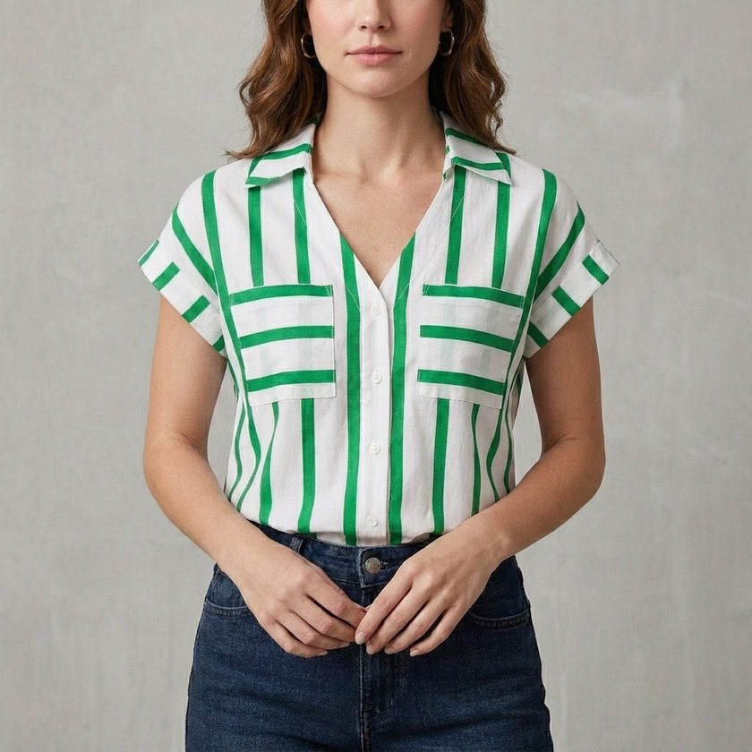 FJØRNA women's summer blouse with green and white stripes, V-neck design, casual top for warm weather.