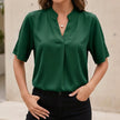 Green chiffon V-neck blouse for women with stand collar and split cuffs, stylish top by FJØRNA.