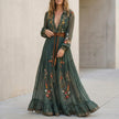 Green embroidered belted A-line collared maxi dress for women by FJØRNA, featuring a flowing silhouette and stylish collar detail.