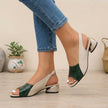 Green FJØRNA embossed peep toe slingback block heel sandals for women, featuring color block design and stylish heel.