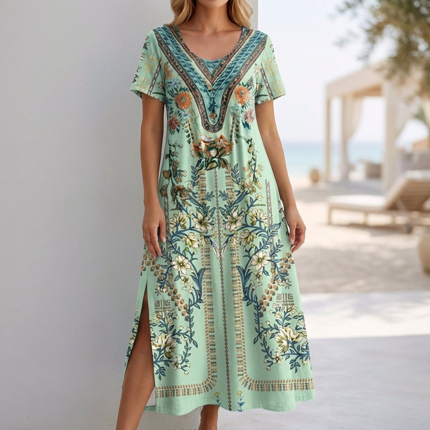 Green FJØRNA Bohemian A-Line scoop neck maxi dress for women, flowing fabric and relaxed fit, displayed on a mannequin.