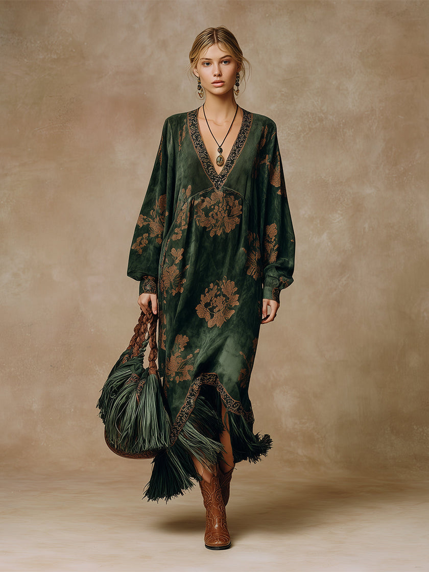 Green Faux Suede Tassel Maxi Dress For Women