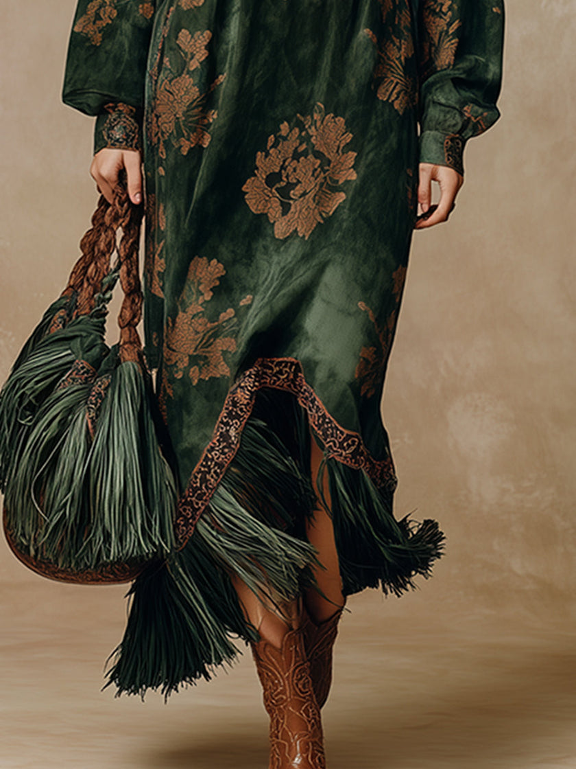 Green Faux Suede Tassel Maxi Dress For Women