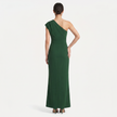 Green FJØRNA women's one-shoulder maxi dress with asymmetric neckline, shown from the back profile.