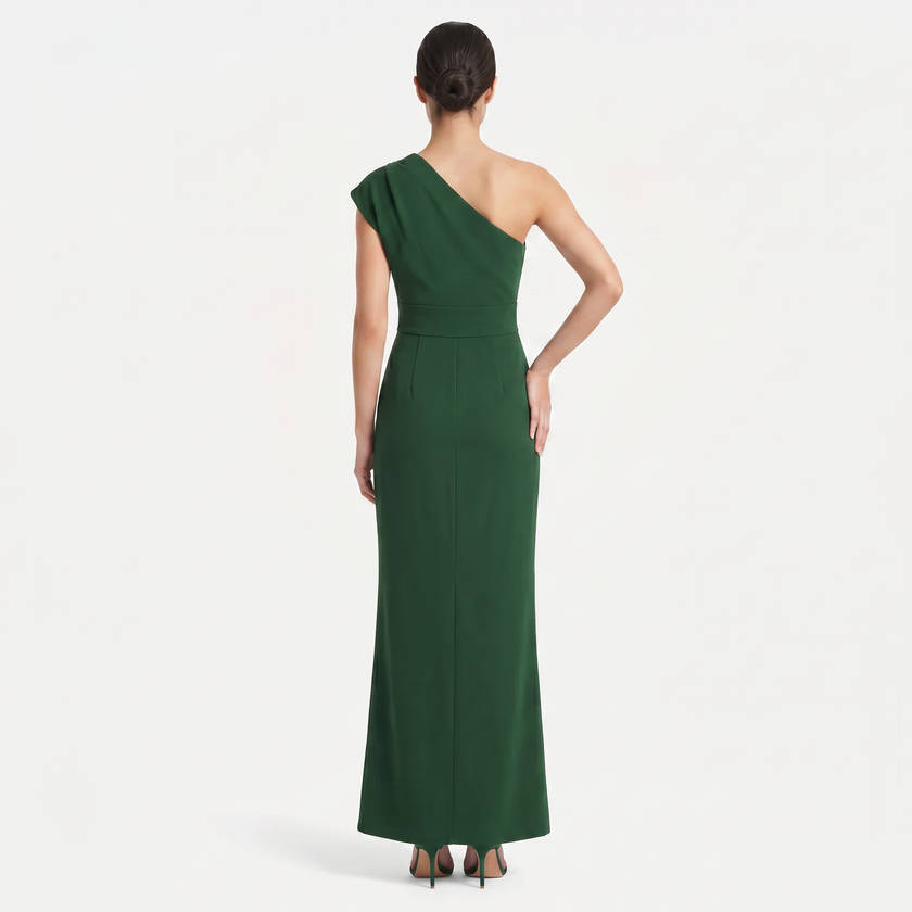 Green FJØRNA women's one-shoulder maxi dress with asymmetric neckline, shown from the back profile.