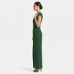 Green women's one-shoulder maxi evening dress by FJØRNA with an asymmetric neckline, shown from a side profile.