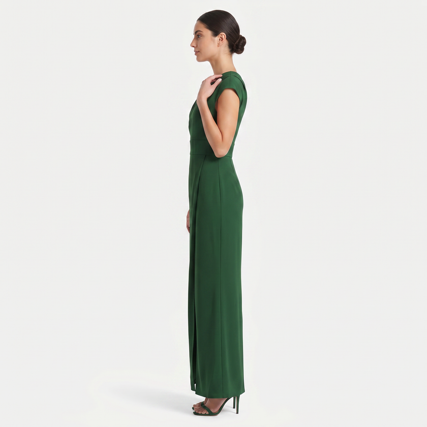 Green women's one-shoulder maxi evening dress by FJØRNA with an asymmetric neckline, shown from a side profile.