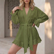Airy white kimono two-piece set with flowing ruffle shorts from FJØRNA, featuring lightweight fabric and relaxed fit.
