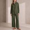 Green women's summer two-piece co-ord set with wide-leg pants from FJØRNA, stylish and comfortable for warm weather.
